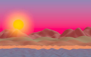 Sun Sea Beach. Sunrise. Sahilde dalgalarla okyanus kıyısı. Dalgalar ile Ada plaj cenneti. Tatil, yaz, rahatlama. Deniz manzarası, deniz kıyısı. Minimalist manzara, ilkellik. 3d illüstrasyon