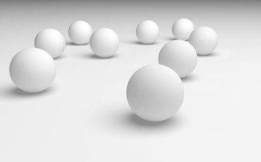 Beyaz soyut arka plan. Beyaz toplar beyaz arka planda izole edilmiş. 3B illüstrasyon