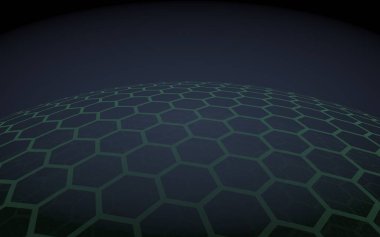 Çok katmanlı petek küresi, siyah arka planda mavi, sosyal ağ, bilgisayar ağı, teknoloji, küresel ağ. 3d illüstrasyon