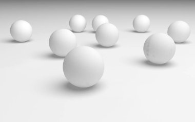 Beyaz soyut arka plan. Beyaz toplar beyaz arka planda izole edilmiş. 3B illüstrasyon