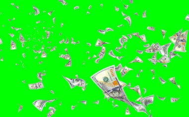 Kromakeyle izole edilmiş uçan dolar banknotları. Havada para uçuyor. 100 Amerikan doları yeni numune alıyor. 3B illüstrasyon