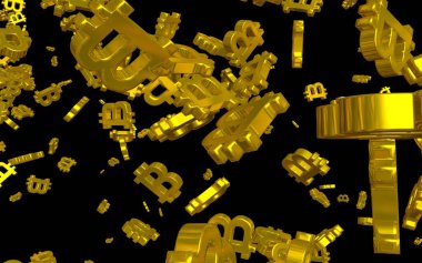 Karanlık bir arka planda dijital para birimi sembolü Bitcoin. Bitcoin düşüşü. Sanal ekranda kripto para birimi grafiği. İş, finans ve teknoloji kavramı. 3B illüstrasyon