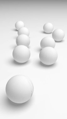 Beyaz soyut arka plan. Beyaz toplar beyaz arka planda izole edilmiş. 3B illüstrasyon