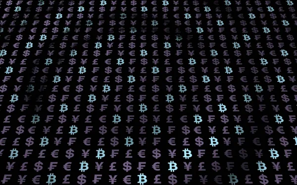 Bitcoin Und Währung Auf Dunklem Hintergrund Digitales Kryptosymbol Währungsblase Welleneffekt — Stockfoto