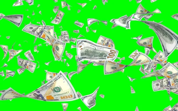 Banconote Dollari Volanti Isolate Chromakey Soldi Volano Aria 100 Banconote — Foto Stock