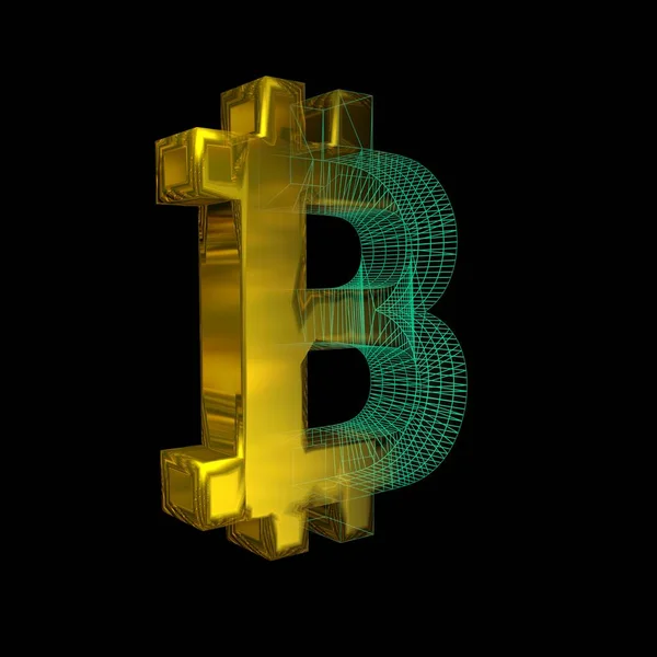 Segno Bitcoin Griglia Verde Trasforma Oro Uno Sfondo Nero Illustrazione — Foto Stock