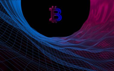 Soyut karanlık arka planda dijital para birimi sembolü Bitcoin. Kripto para piyasasının büyümesi. İş, finans ve teknoloji konsepti. 3d illüstrasyon