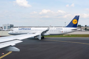 05/26/2019 Frankfurt Airport, Germany. Airbus A320 neo, new taxiing to runway. Airport operated by Fraport and serves as the main hub for Lufthansa.  clipart