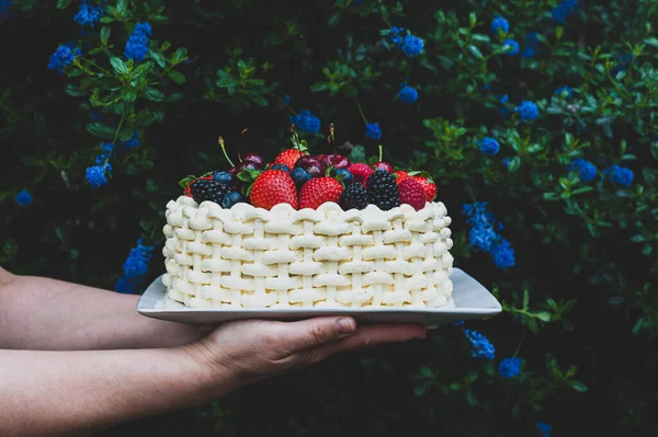 Gazdaság Lemez Gyönyörű Nyári Torta Díszített Bogyók Ellen Virágos Háttér — Stock Fotó