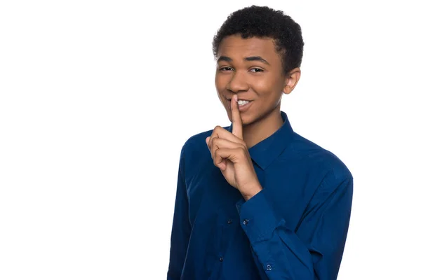 African American teen shows silence gesture. — Stock Photo, Image