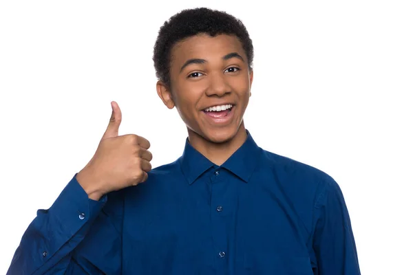 Joyful Afro American teen shows thumb up — Stock Photo, Image