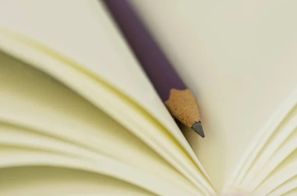 Purple Crayon cross between the pages — Stock Photo, Image