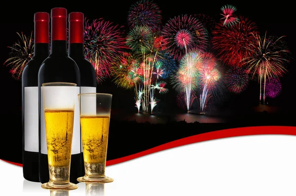 Beer and wine bottles with fireworks