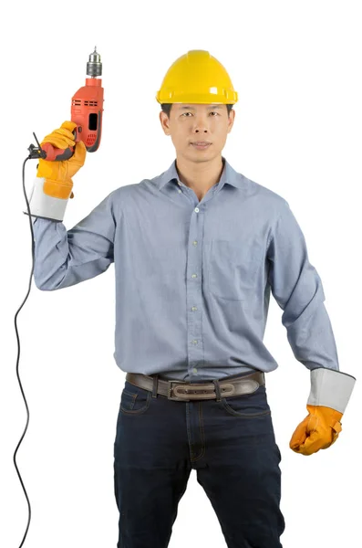 Engenheiro asiático usando capacete de segurança amarelo — Fotografia de Stock
