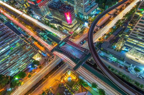 Birds eye view of the intersection. Traffic in the business district and subway Chong Nonsi.
