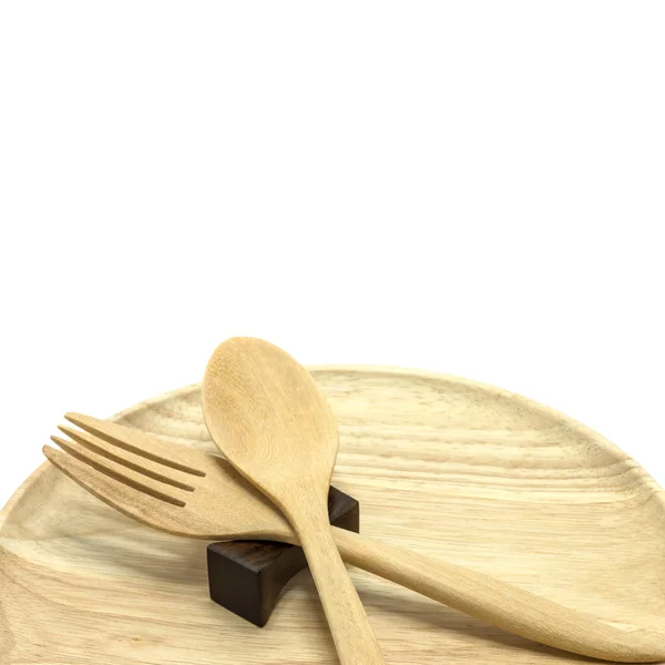Tomma trä sked, gaffel och plattan — Stockfoto