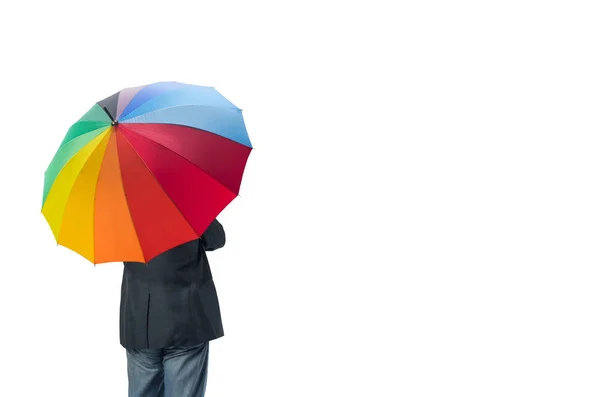 Empresário por trás do stand sob guarda-chuva — Fotografia de Stock