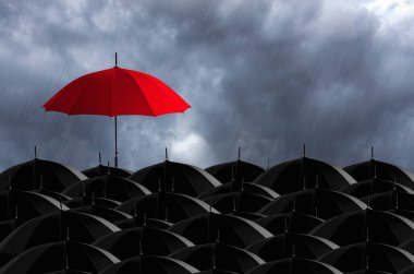 siyah şemsiye kütlesi içinde renkli şemsiye