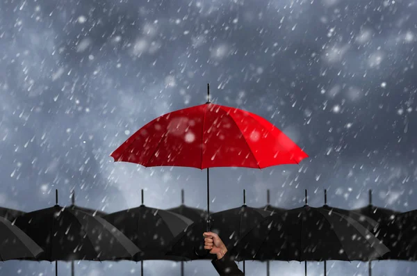 Barevný deštník v hmotnosti černý deštník — Stock fotografie