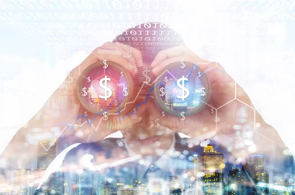 Businessman with binoculars and cityscape — Stock Photo, Image