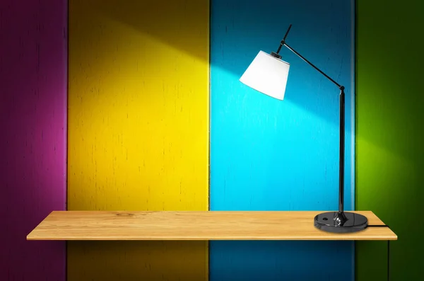 Lamp on wooden bookshelf — Stock Photo, Image