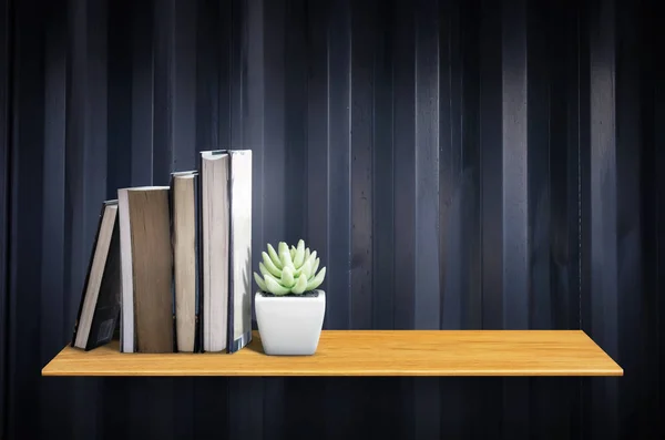 Top étagère en bois avec cactus et livres — Photo