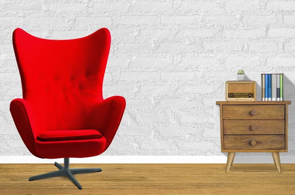 Rode stoel en oude houten dressoir — Stockfoto