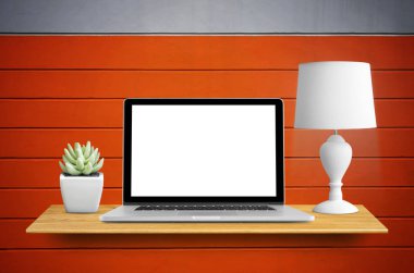 Laptop ve kaktüs kitaplık üzerinde ile lamba  