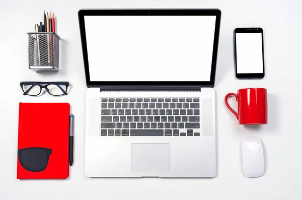 desk with office equipment.