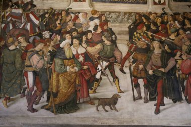 Siena Katedrali 'ndeki Piccolomini Kütüphanesi' ndeki freskler. Pinturicchio (1502), Toskana, İtalya 'dan Papa I. Pius' un yaşamından sahneler