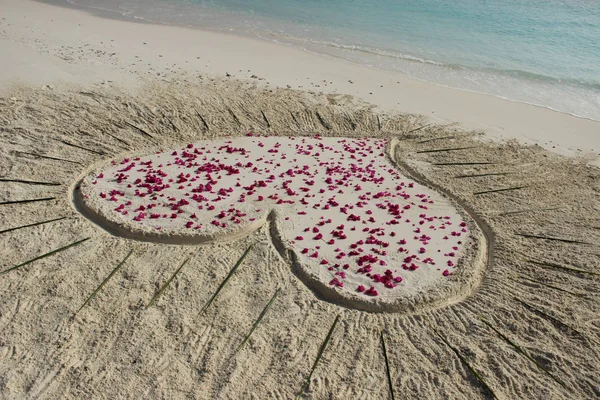 Love message on sand, heart with petals in a tropical island