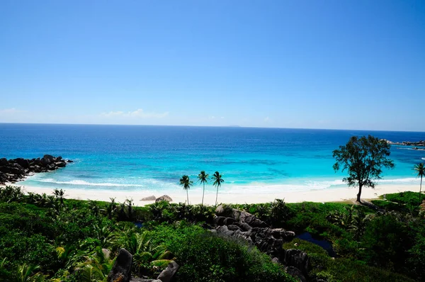 Idilli Strand Gránitkővel Tenyérrel Anse Cocos Digue Island Seychelles — Stock Fotó