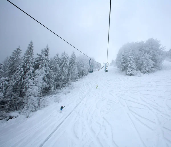 Skilift op sneeuw bedekt park en bos in de mist — Stockfoto