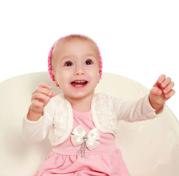 Joyful smiling little baby looking up on white background — Stock Photo, Image