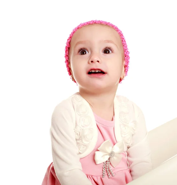 Surprised little baby on white background, looking up — Stock Photo, Image