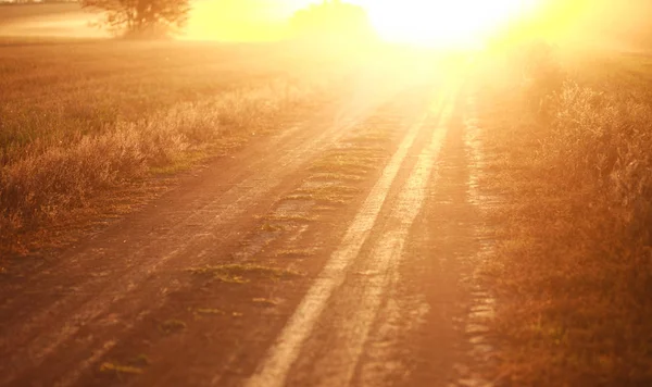 Strada sterrata rurale su sfondo di sole lucente — Foto Stock