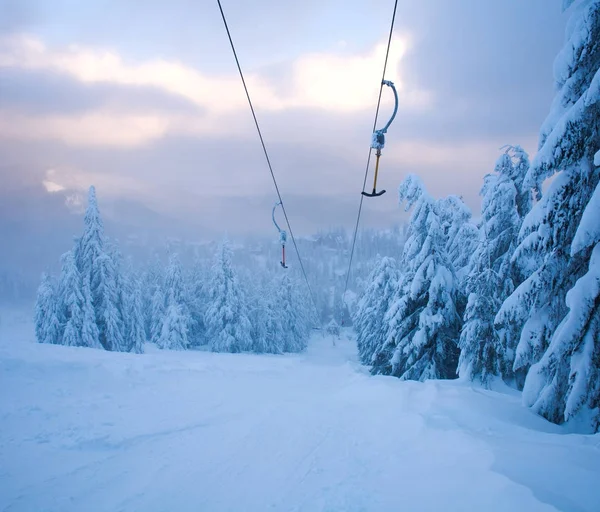 가문비나무 숲의 산에 눈 덮인 겨울 풍경에 스키 리프트 — 스톡 사진