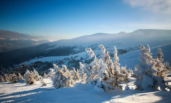 Invierno nevado paisaje de montañas en el fondo del cielo azul — Foto de Stock