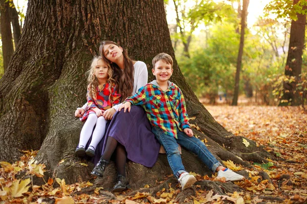 La compañía alegre de los niños se sienta despreocupada sobre el árbol en el bosque — Foto de Stock