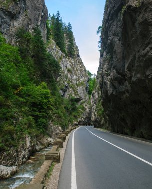 Dağlar arasındaki kayalık geçitte asfalt yol, Bicaz, Romanya