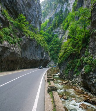 Dağlar arasındaki kayalık geçitte asfalt yol, Bicaz, Romanya