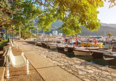 Deniz kenarındaki sahil limanı güneşli yaz günlerinde yatlarla dolu.
