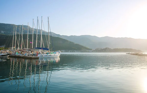 Deniz kenarındaki sahil limanı güneşli yaz günlerinde yatlarla dolu.