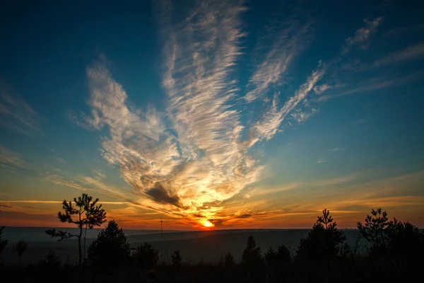 Wunderschöner farbenfroher Sonnenuntergang am wolkenverhangenen blauen Himmel in Feld und Wald — Stockfoto