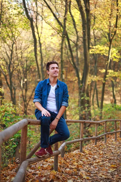 Jovem Homem Cara Pensativo Sonhador Parque Florestal Goza Relaxamento Frescura — Fotografia de Stock