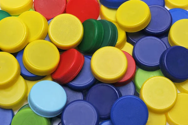 Sortierung Von Recycling Kunststoffkappen Verschiedenen Farben Ansicht Von Oben — Stockfoto