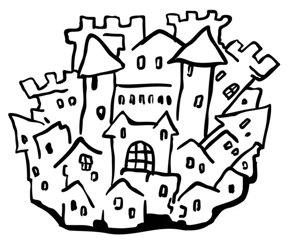 Desenho de linha pequena cidade castelo — Vetor de Stock