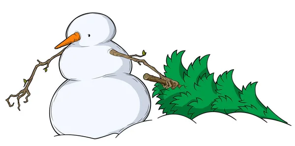 Snowman Spruce Dragging — Stock Vector