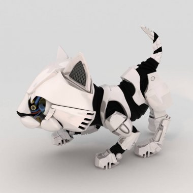 Robot kedi yavrusu, beyaz çömelerek,