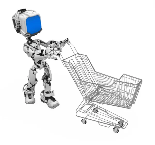 Niebieski ekran Robot, wózek na zakupy — Zdjęcie stockowe